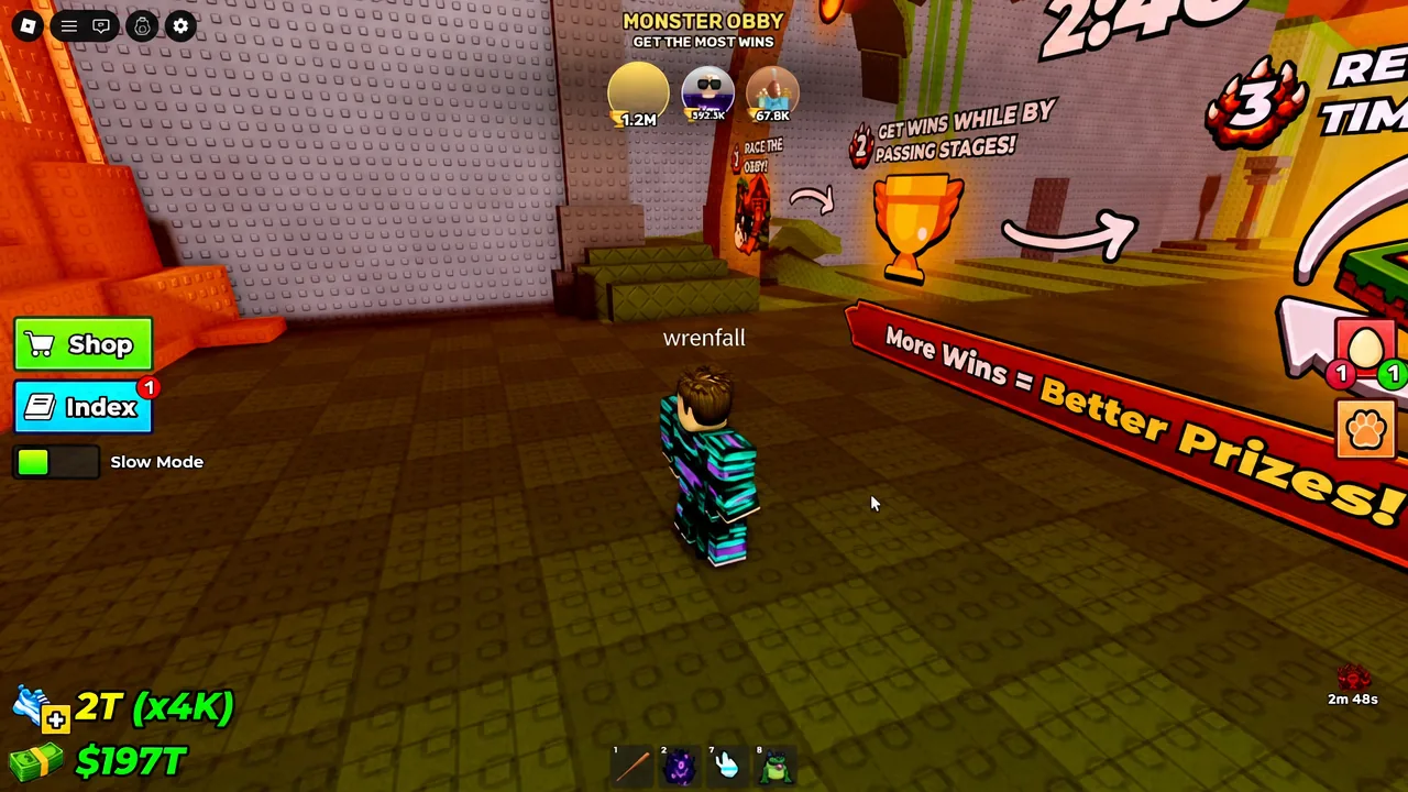 Monster Obby lobby after a failed run with Shop and Index buttons still on screen