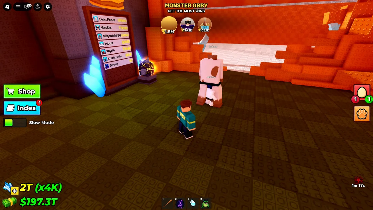 Monster Obby screen with the Index button highlighted by a red notification badge