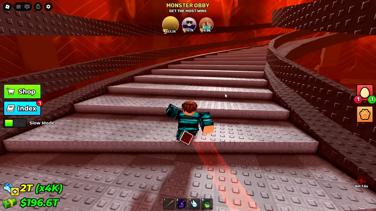 Avatar climbing the central staircase at the end of the Monster Obby course