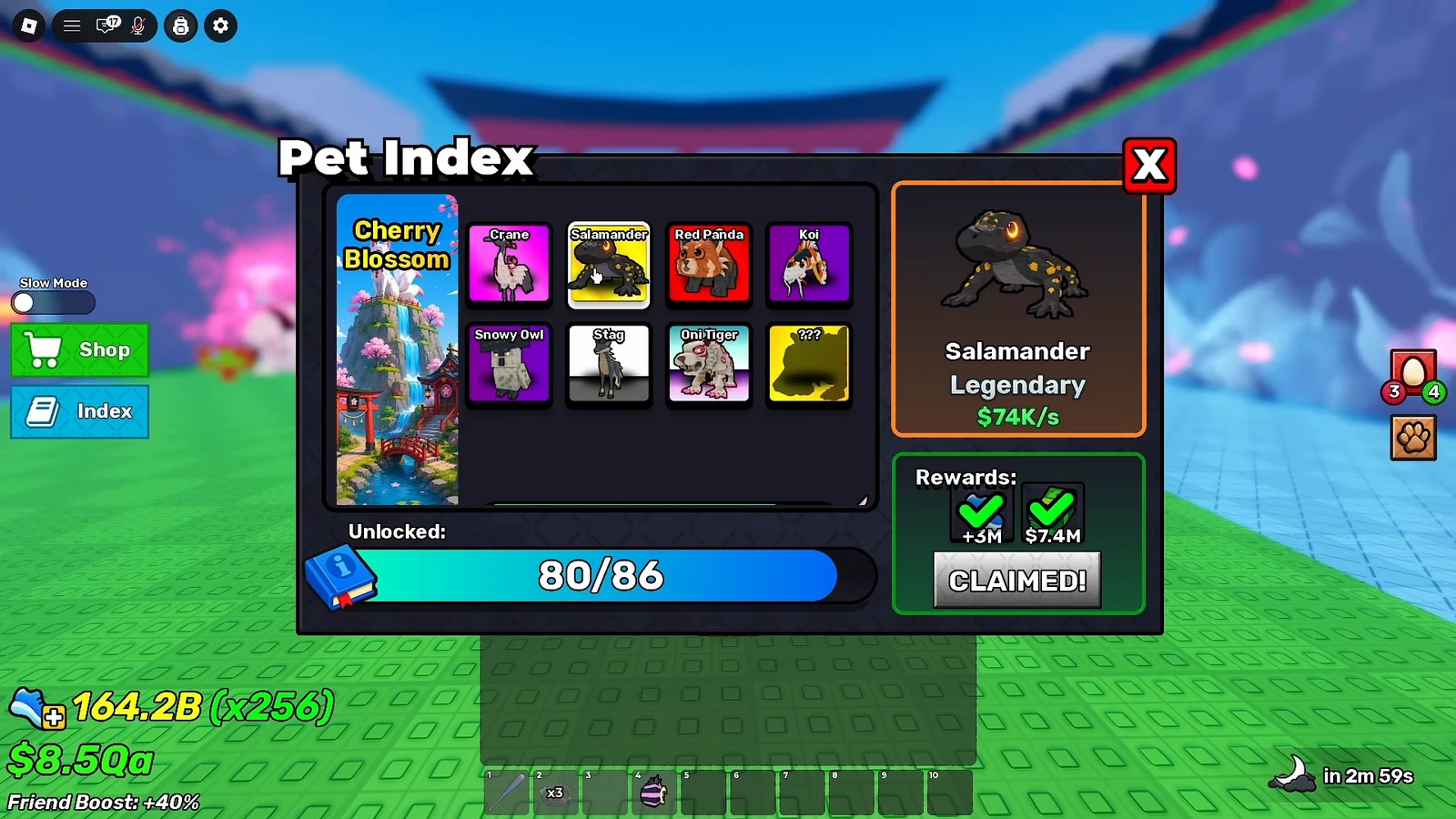 Pet Index with Salamander selected, showing its Legendary income and claimed rewards