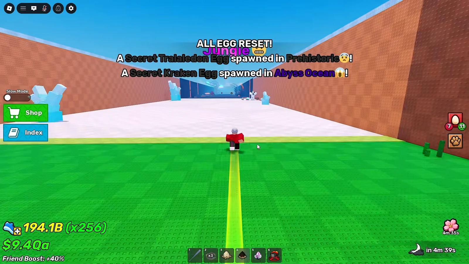 Avatar on a yellow path heading toward the icy zone as an ALL EGG RESET notification announces new secret eggs
