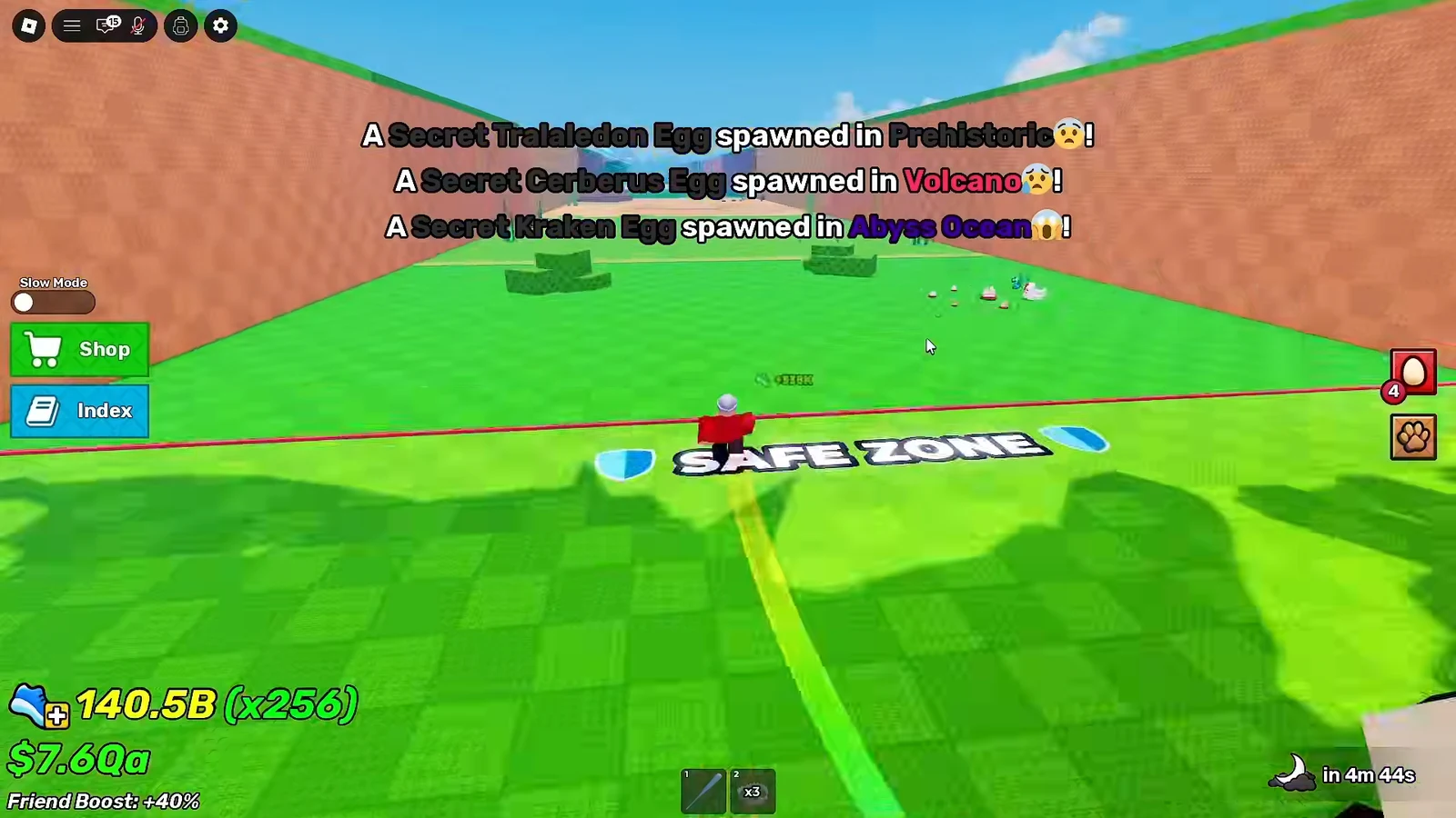 Avatar entering the marked safe zone while alerts announce secret eggs in Prehistoric, Volcano, and Abyss Ocean