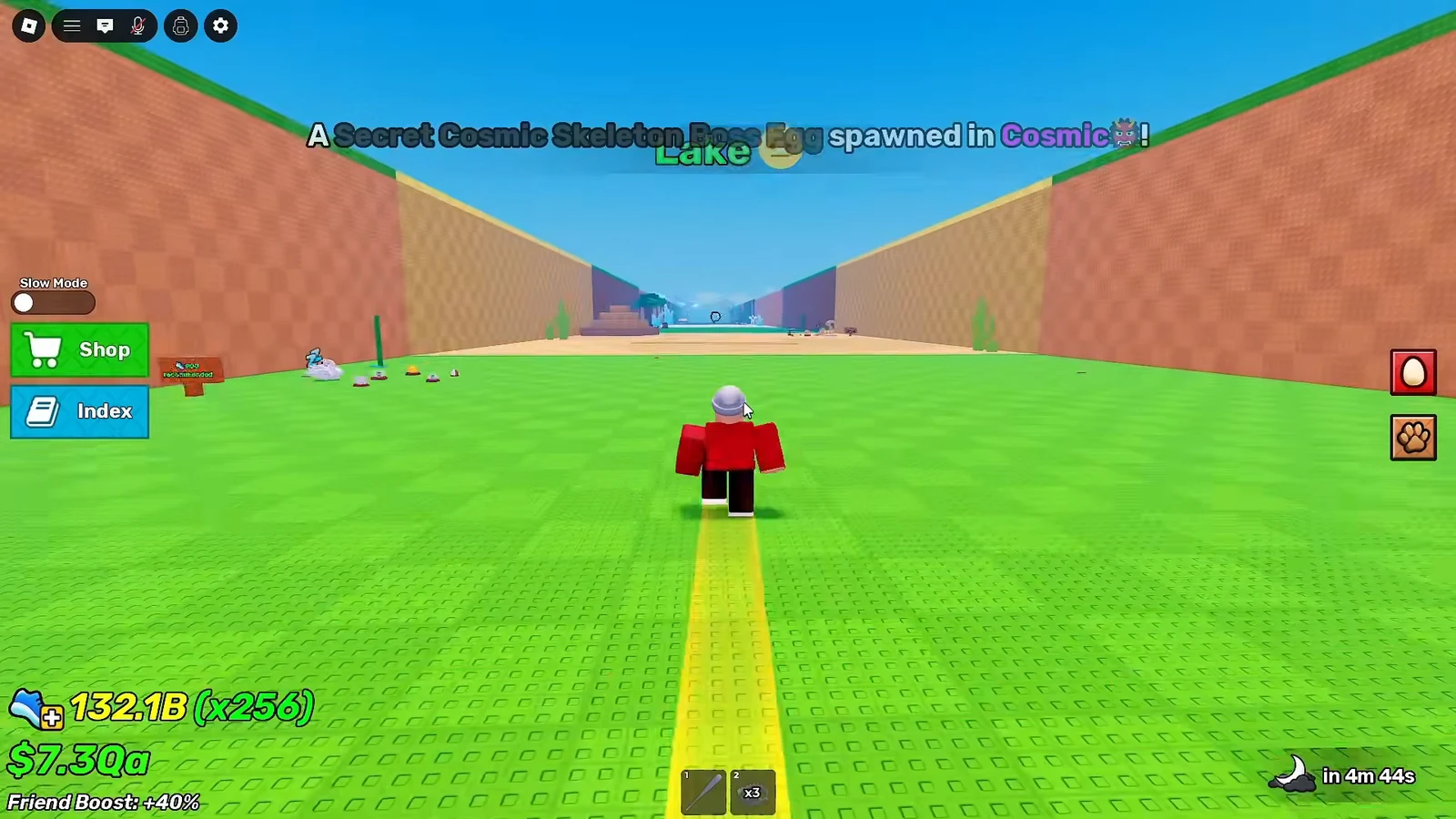 Player runs through the Cosmic Lake area toward a spawned Secret Cosmic Skeleton Boss Egg