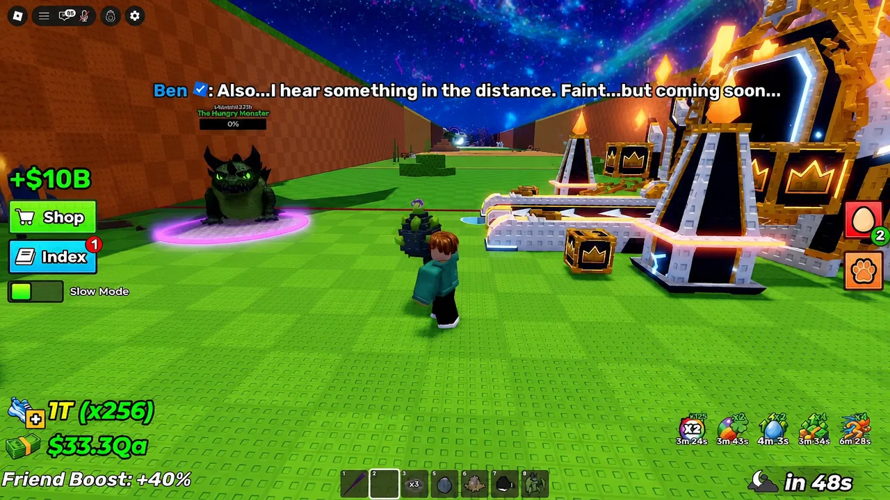 Admin Ben's dialogue box appears in-server while the player stands beside the Hungry Monstar and the castle