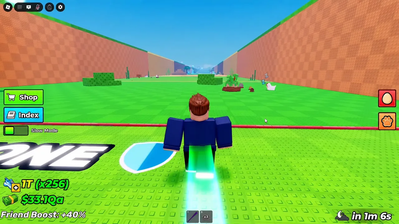 Player avatar sprinting through a biome with a purple sword equipped in the first hotbar slot