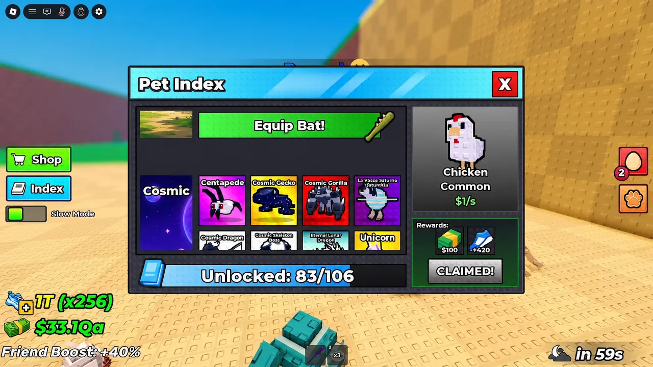 Pet Index menu open with the Equip Bat! button highlighted