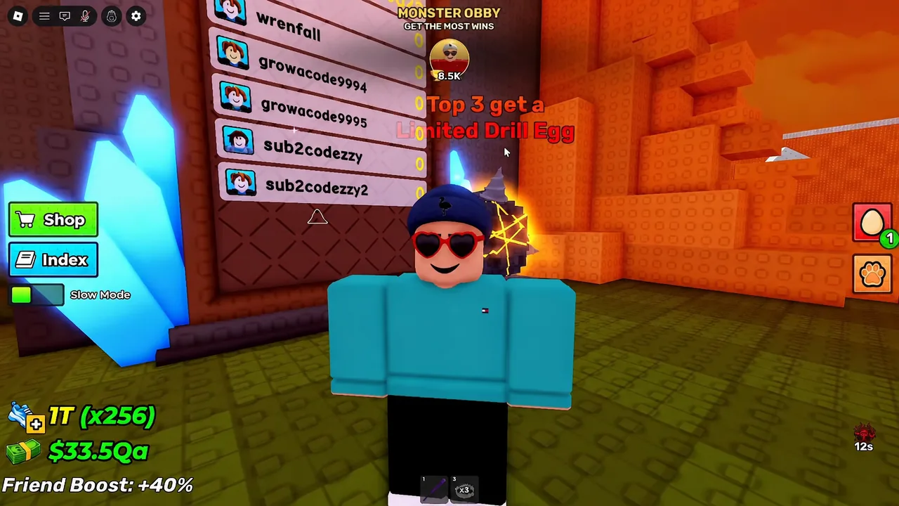 Monster Obby leaderboard on screen with the event message stating the top three players get a Limited Drill Egg