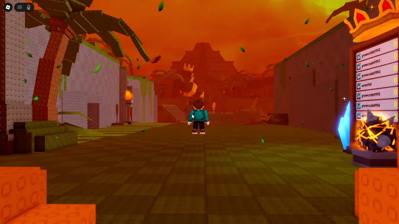 Player avatar crossing a fiery temple courtyard during the Monster Obby, with the server player list on the right