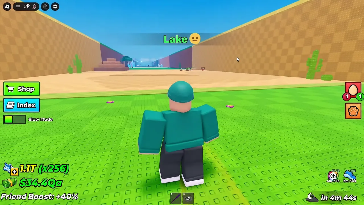 Player avatar sprinting through the Lake zone lane while patrolling for egg spawns