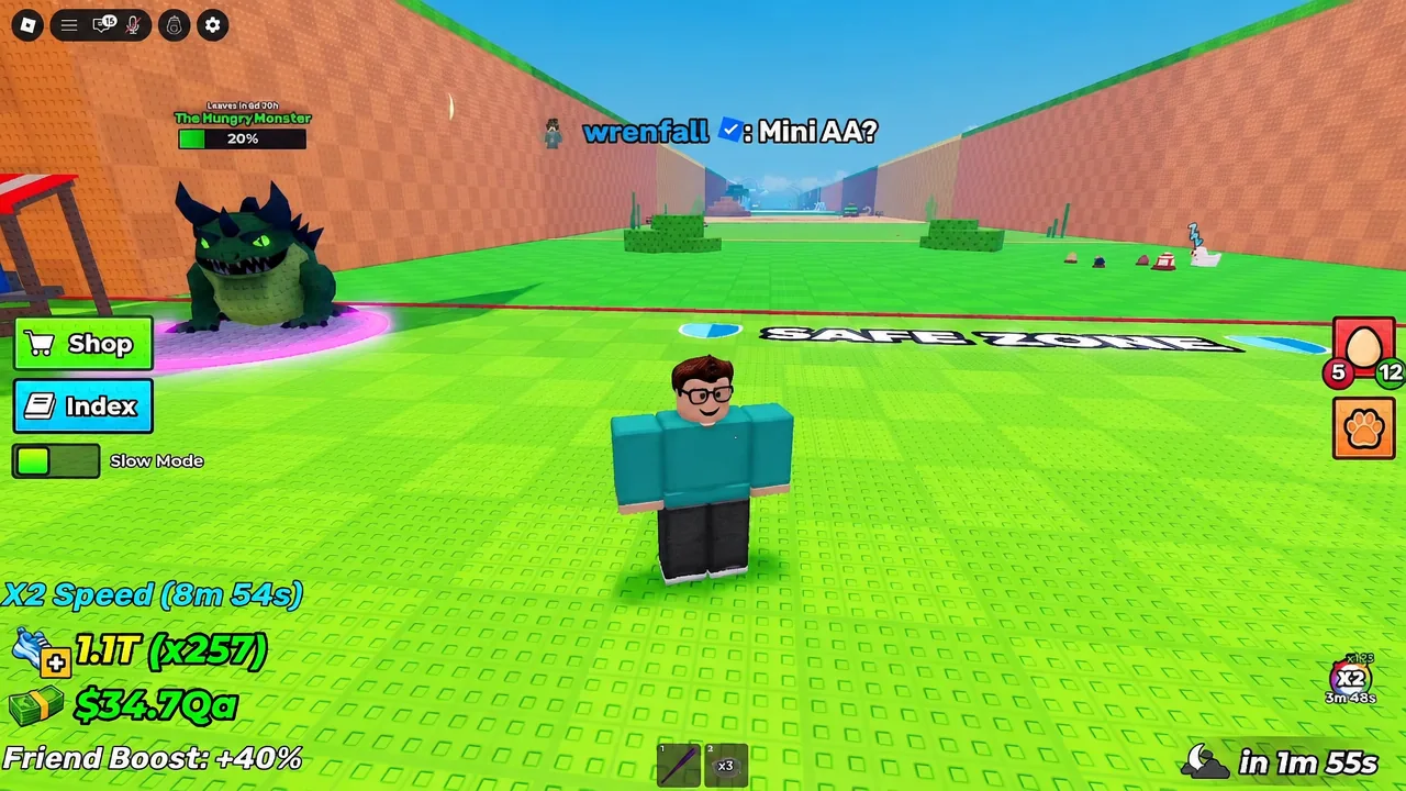 Avatar standing inside the SAFE ZONE next to the Hungry Monster feeding area