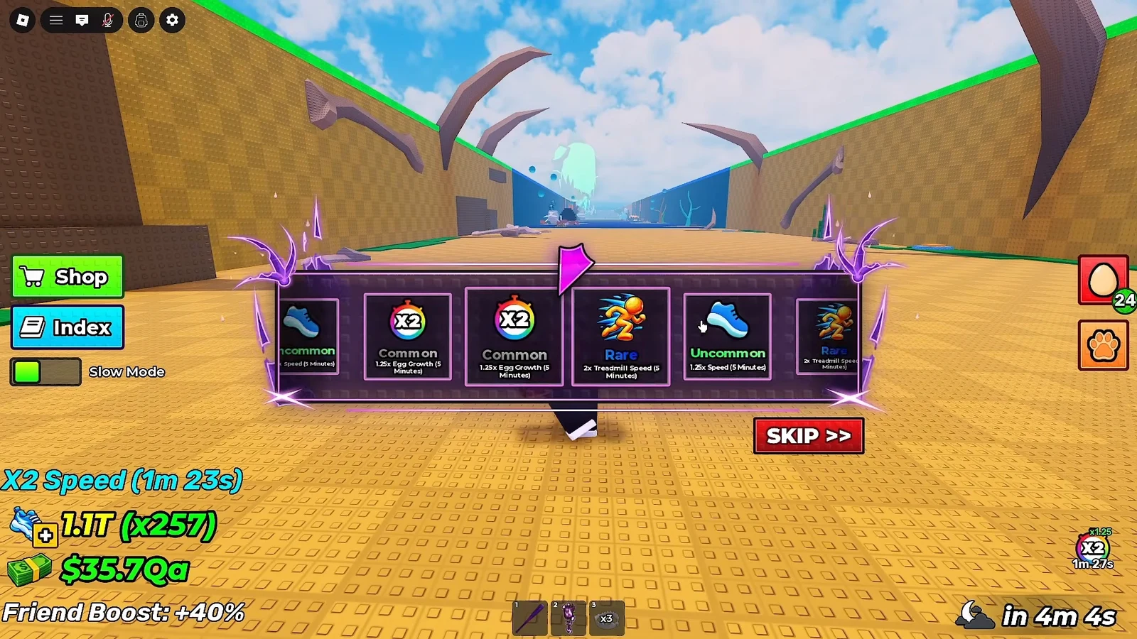 Chest reward panel showing Common, Rare and Uncommon speed boosts with a red SKIP button