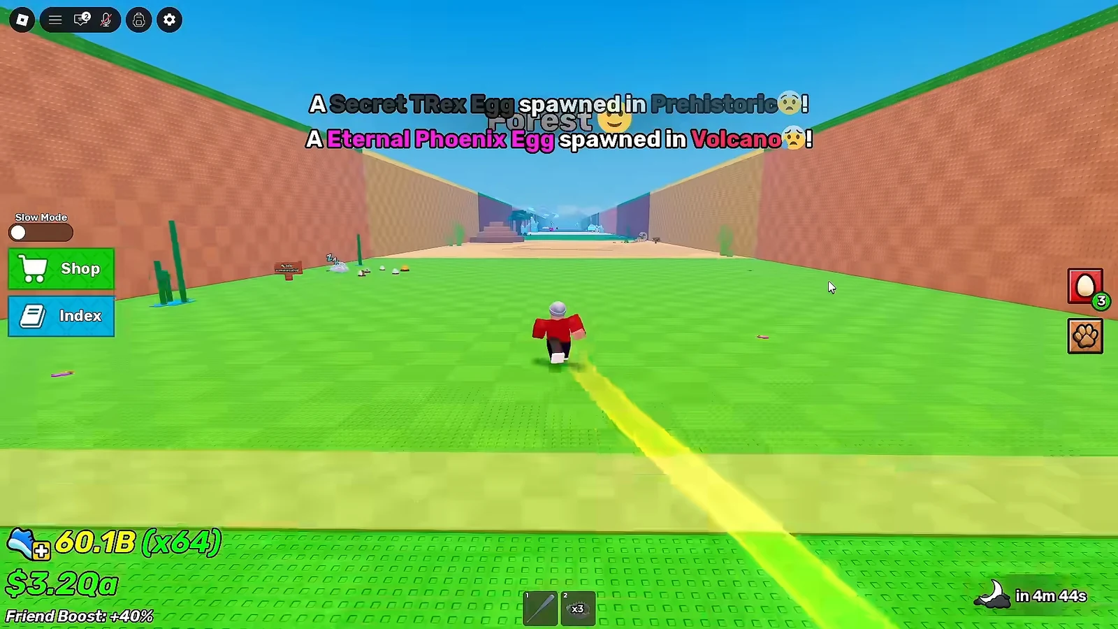 Grass arena with on-screen alerts for Secret T-Rex and Eternal Phoenix Eggs