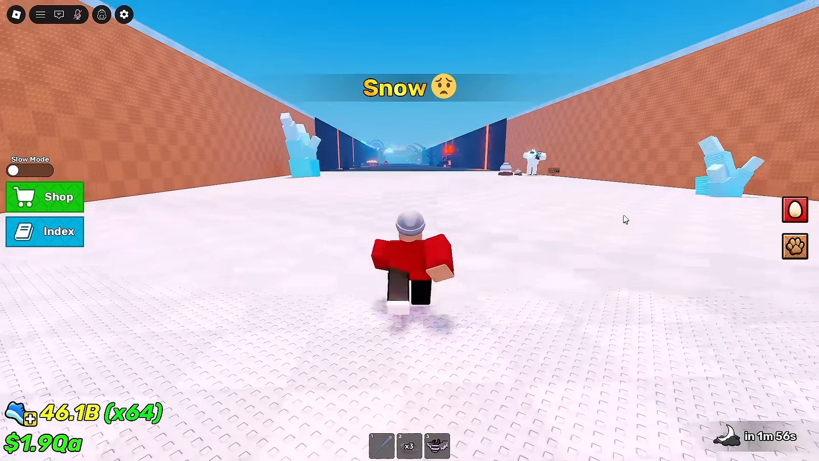 Snow biome arena with Shop and Index buttons visible on screen