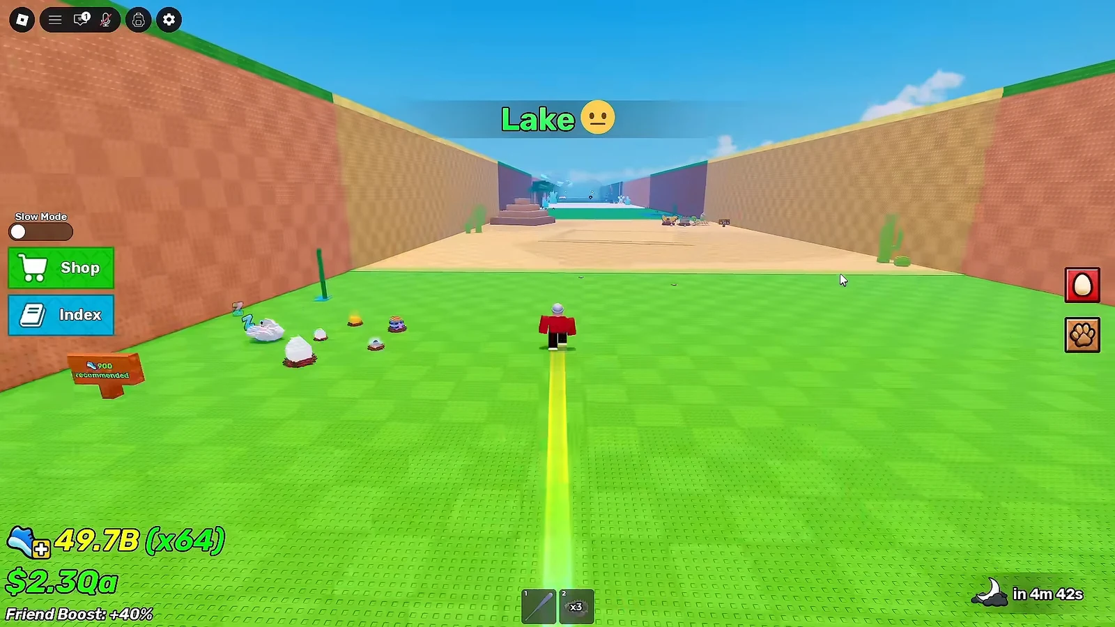 Lake biome with Shop and Index buttons on the left of the grass path