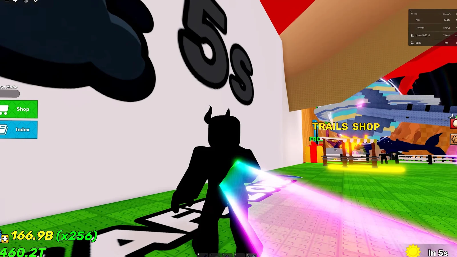 Player walking toward the glowing TRAILS SHOP stall