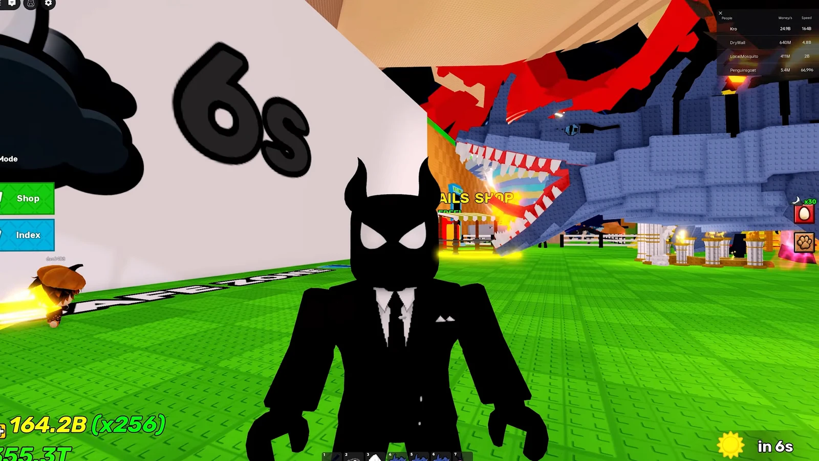 Avatar in the Roblox hub with Shop and Index buttons visible