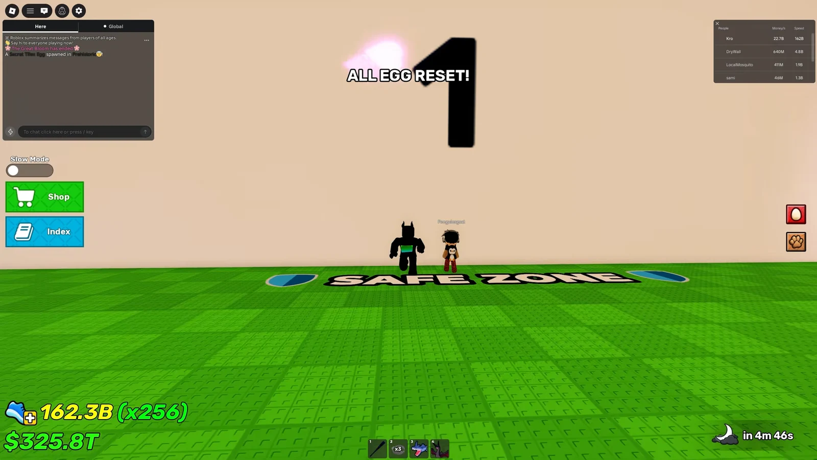 ALL EGG RESET banner over a player standing in the marked SAFE ZONE