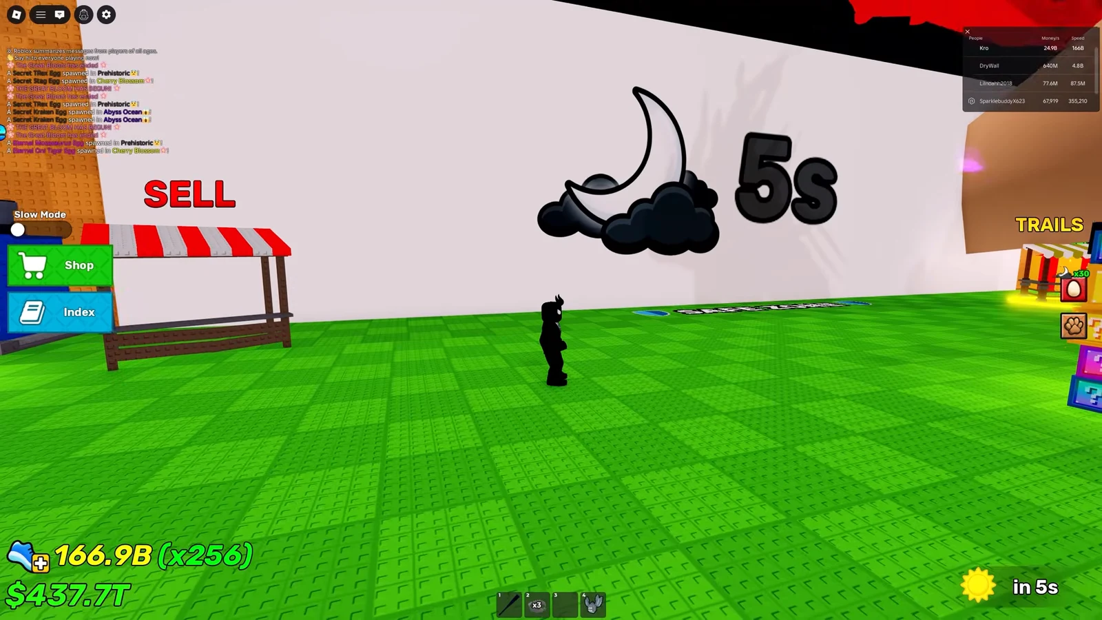Sell stall in the hub with Shop, Index, and a five-second timer