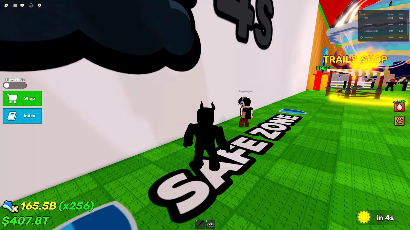 Player standing in the SAFE ZONE near the Trails Shop with Shop and Index buttons on screen