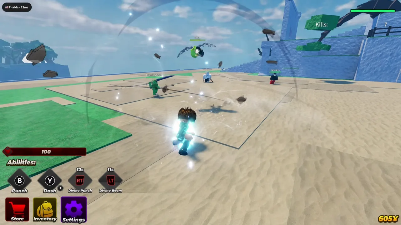 Divine Beam being fired from the LT input, with the Abilities bar visible on the arena HUD
