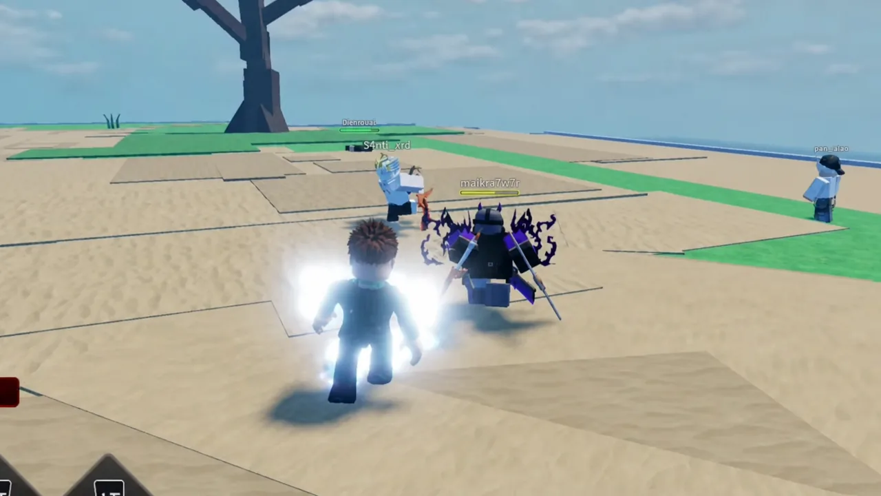 A glowing Ultra Instinct avatar closing in on a group of players near the sandy edge of the island