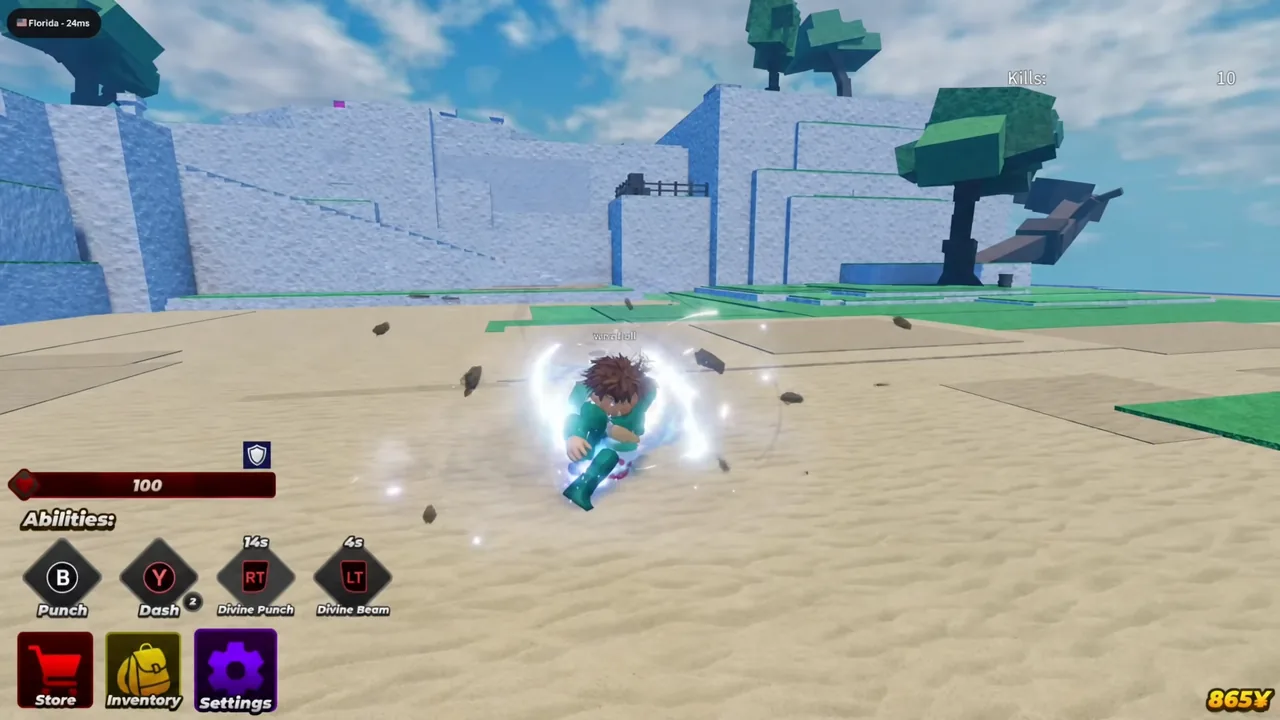 Goko mid-ability in the arena, surrounded by a bright effect with the ability HUD on screen
