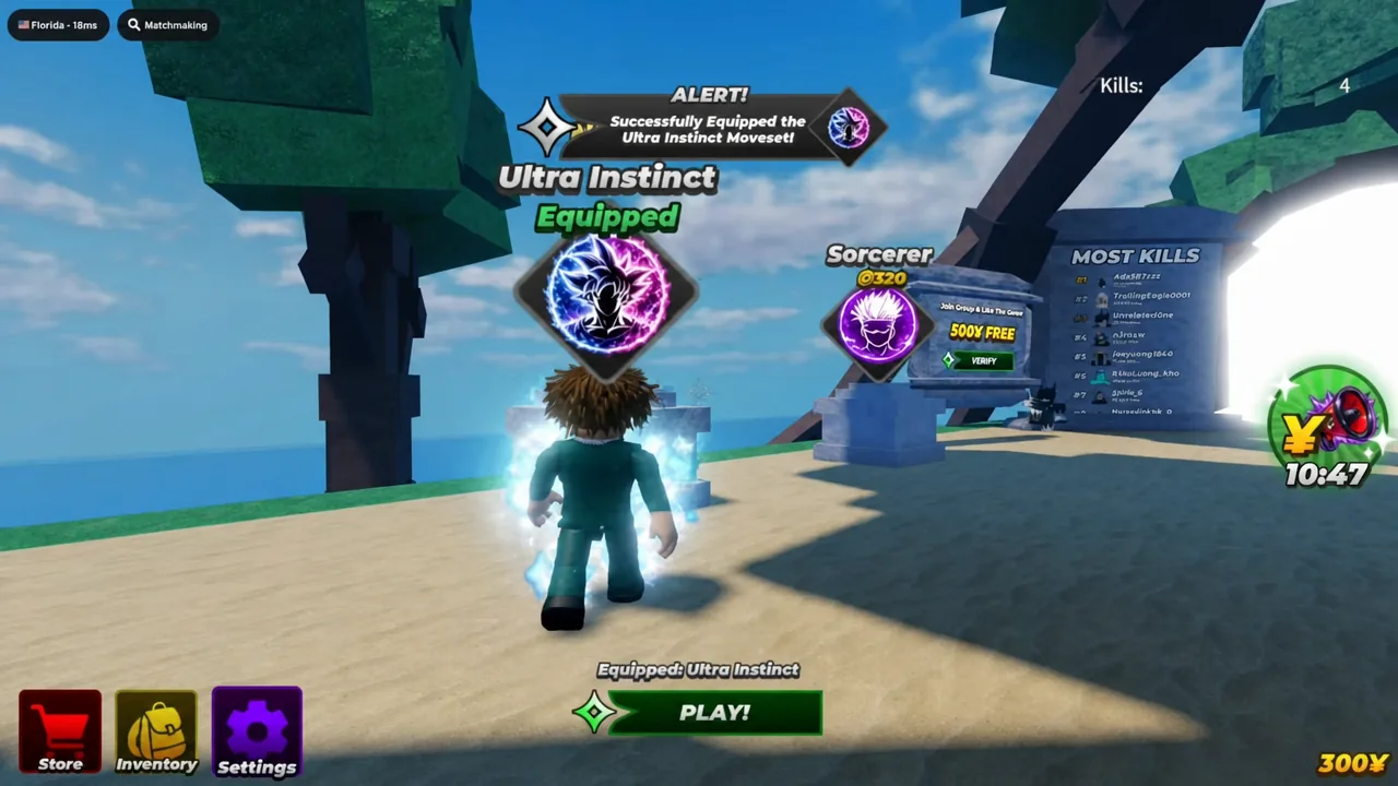 On-screen alert confirming the Ultra Instinct moveset was equipped, with the entry highlighted
