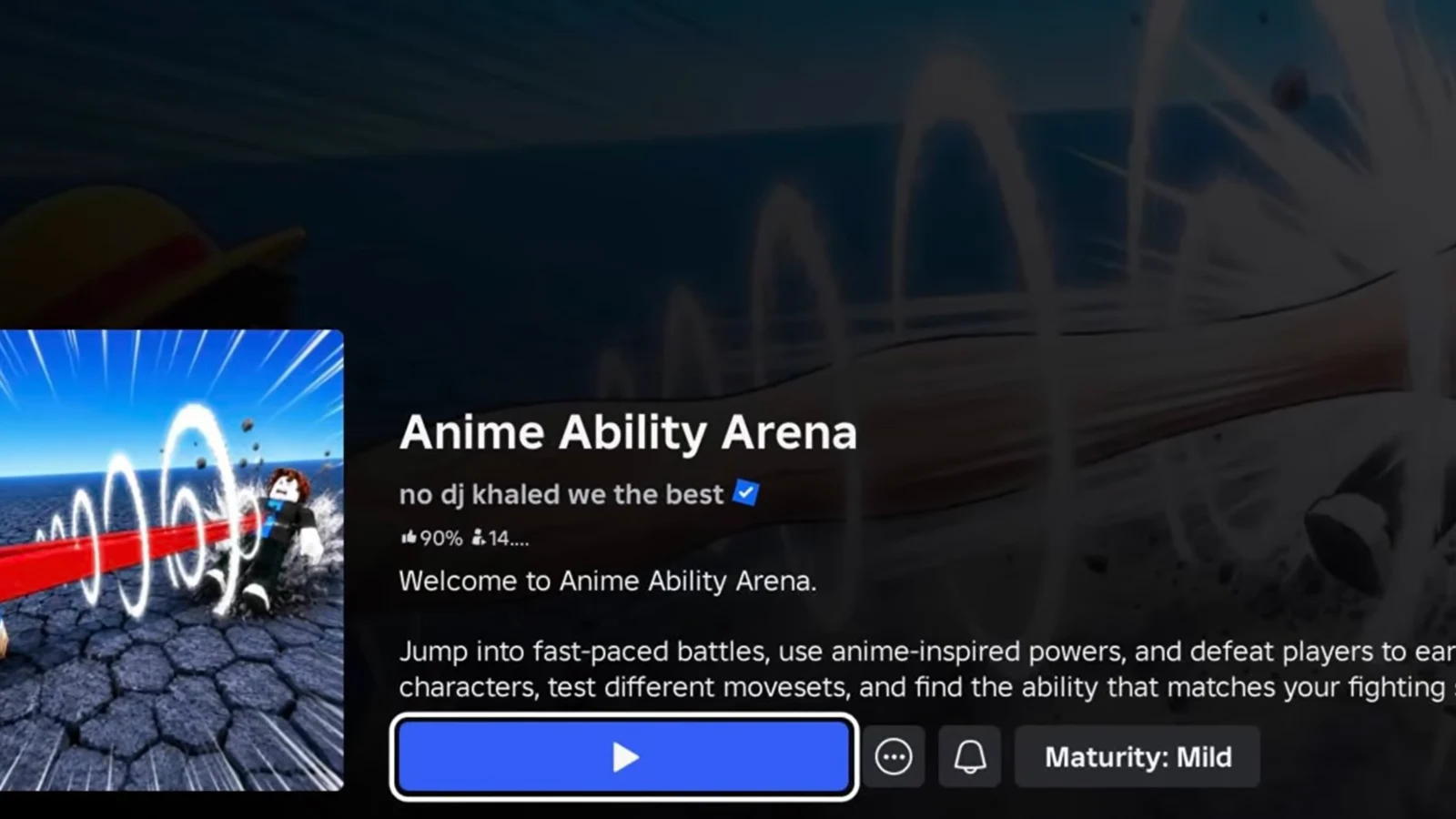The Anime Ability Arena Roblox experience page with the blue Play button ready to launch
