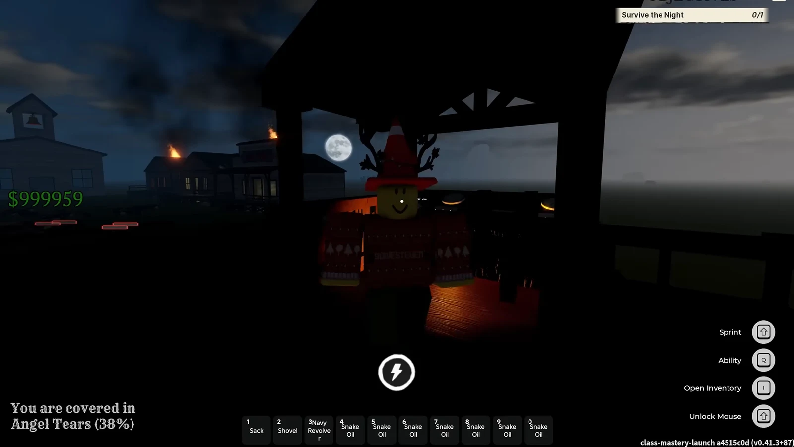 Gameplay HUD showing the Survive the Night objective as the player stands in a dark, burning town