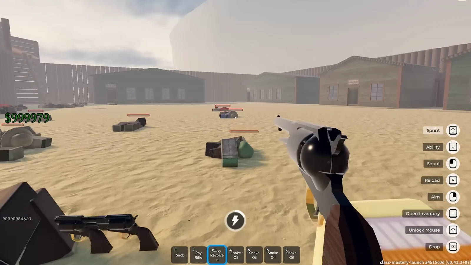 Arena view highlighting the Navy Revolver weapon slot as the player aims the revolver at targets