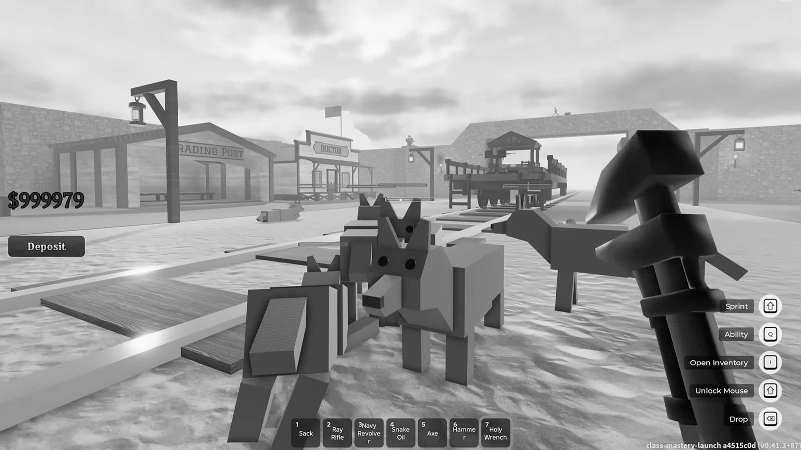 Holy Wrench equipped and aimed at a mechanical dog beside the railroad tracks in town