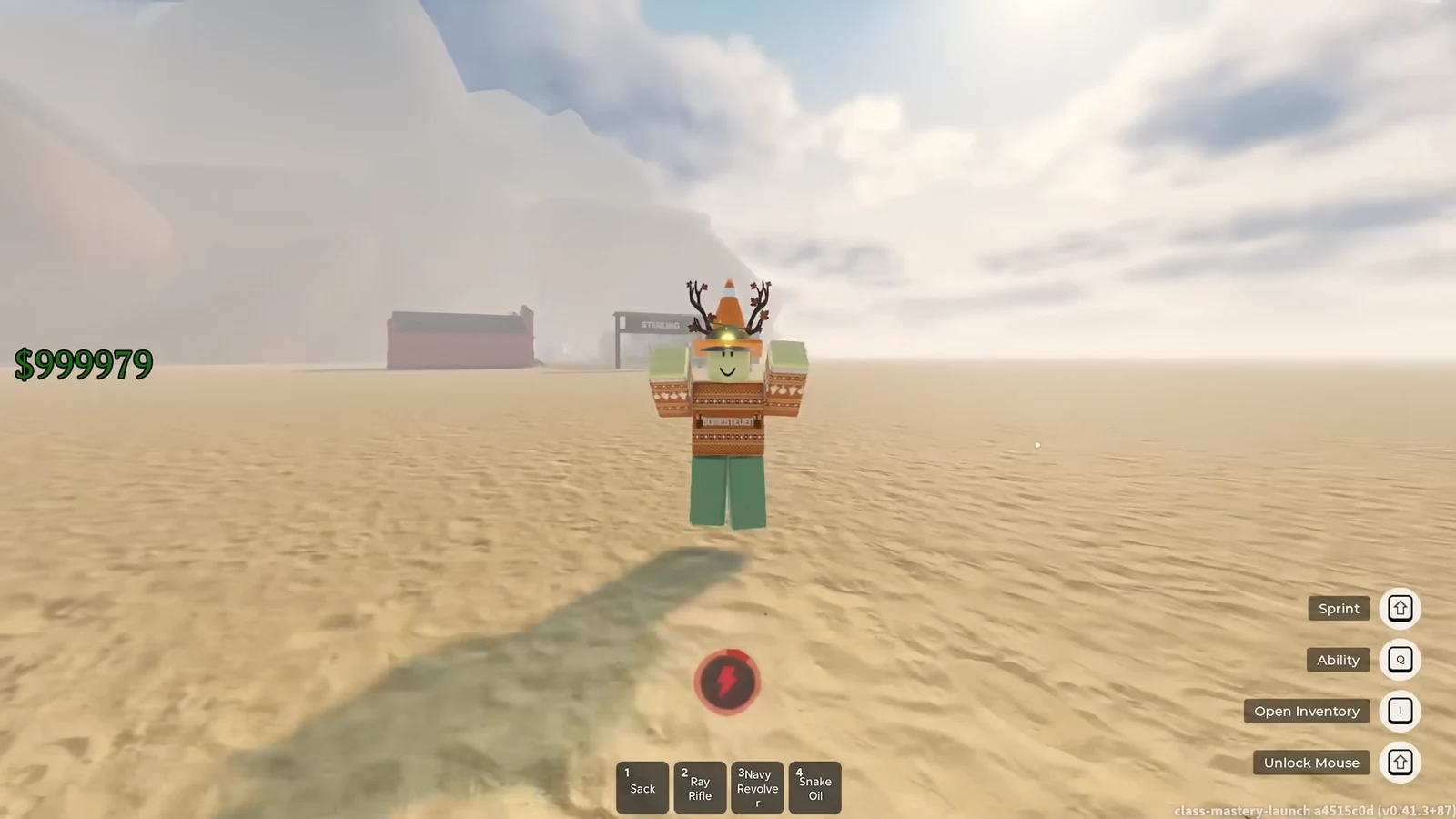 Player avatar in a sandy area with the hotbar and Sprint, Ability, Open Inventory, and Unlock Mouse controls visible