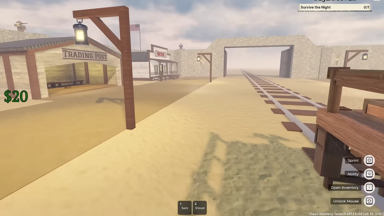 First-person view at the Trading Post moving toward the railway with the Survive the Night objective active