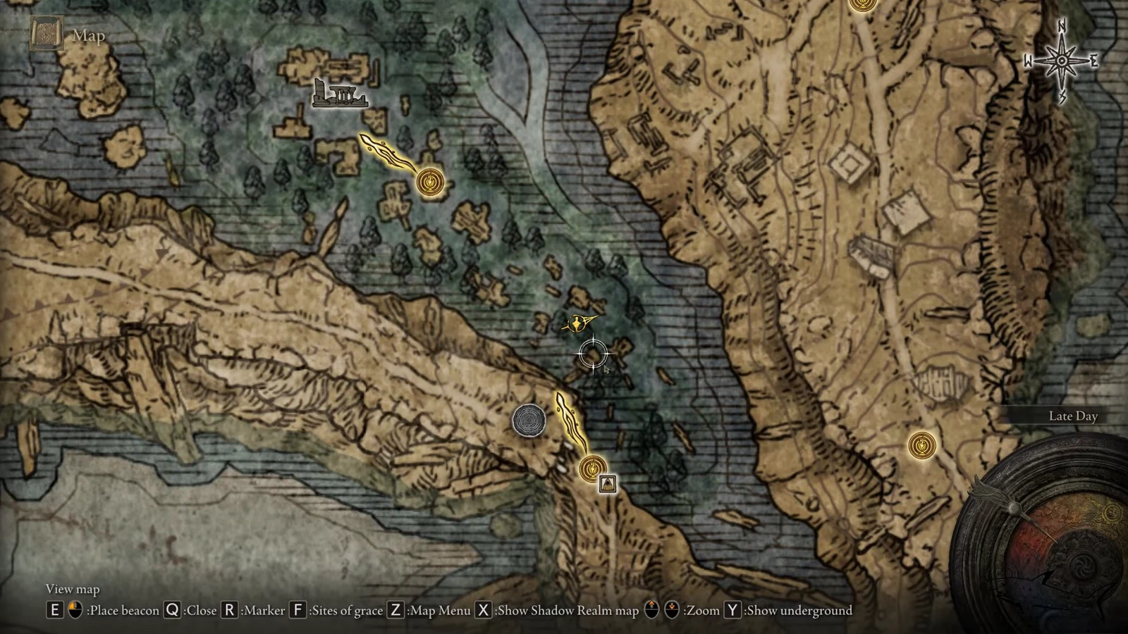 Drop a marker on the coastline just north of the grace to keep your bearings in the swamp.