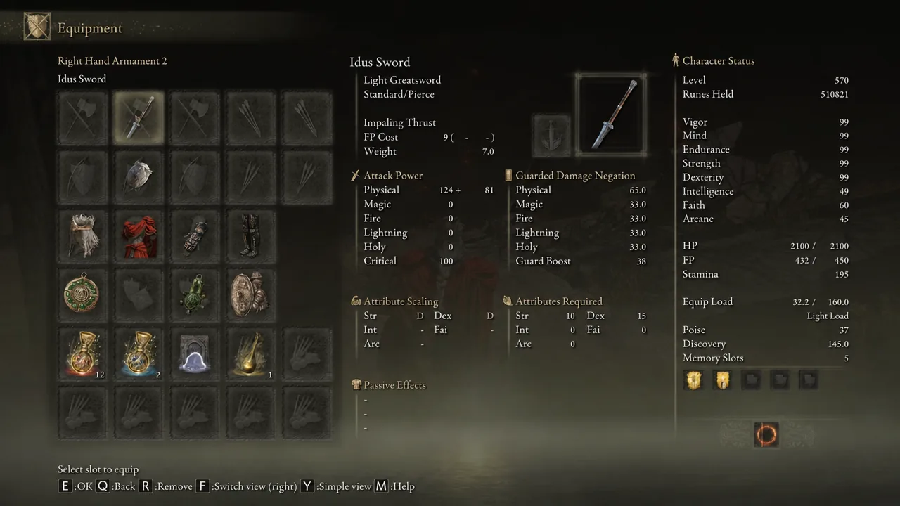 The Idus Sword slotted into Right Hand Armament 2, with its stats and scaling on display.
