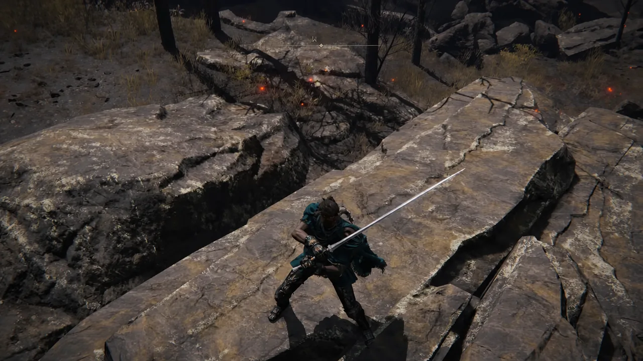 Player character holding the Idus Sword while standing on a ruined stone bridge