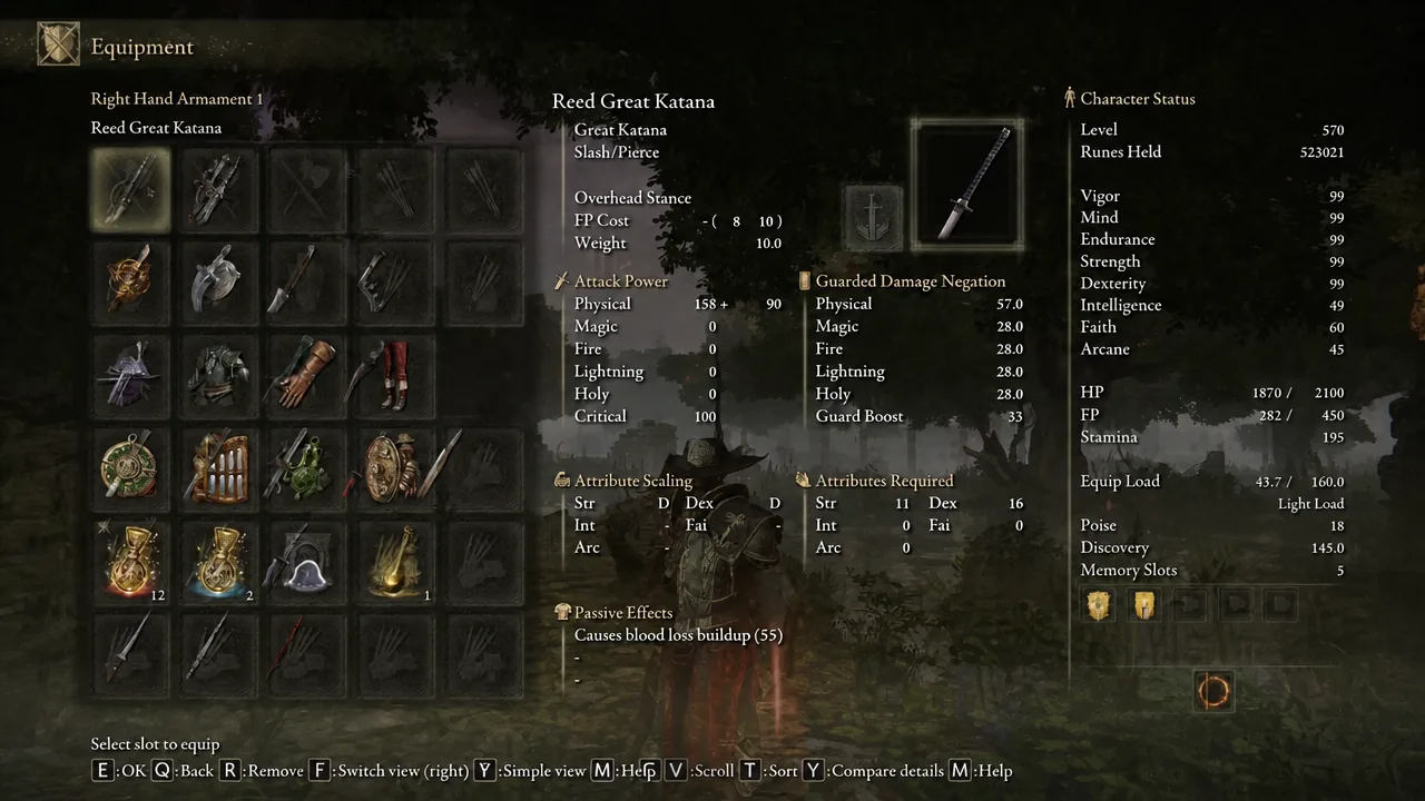 The equipment screen, here showing another new Tarnished Edition weapon in the first right-hand slot.