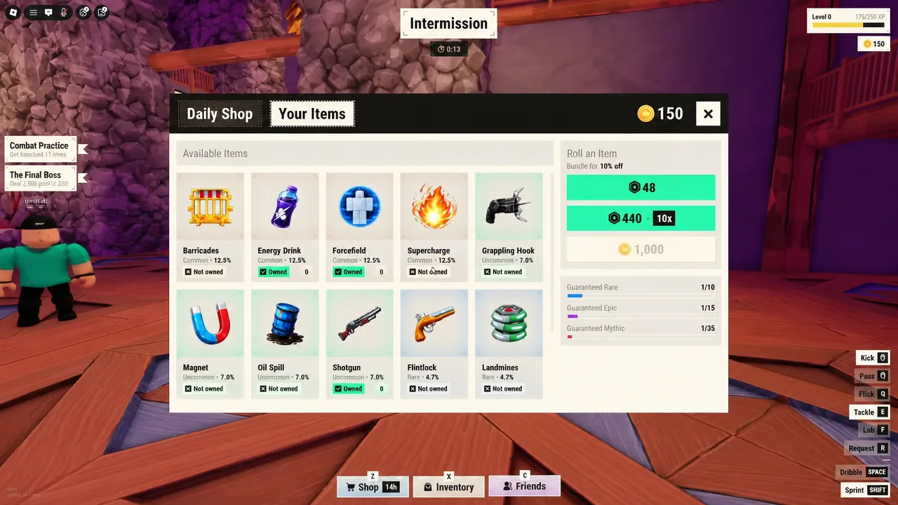 Your Items tab open in the Illegal Soccer shop during match intermission