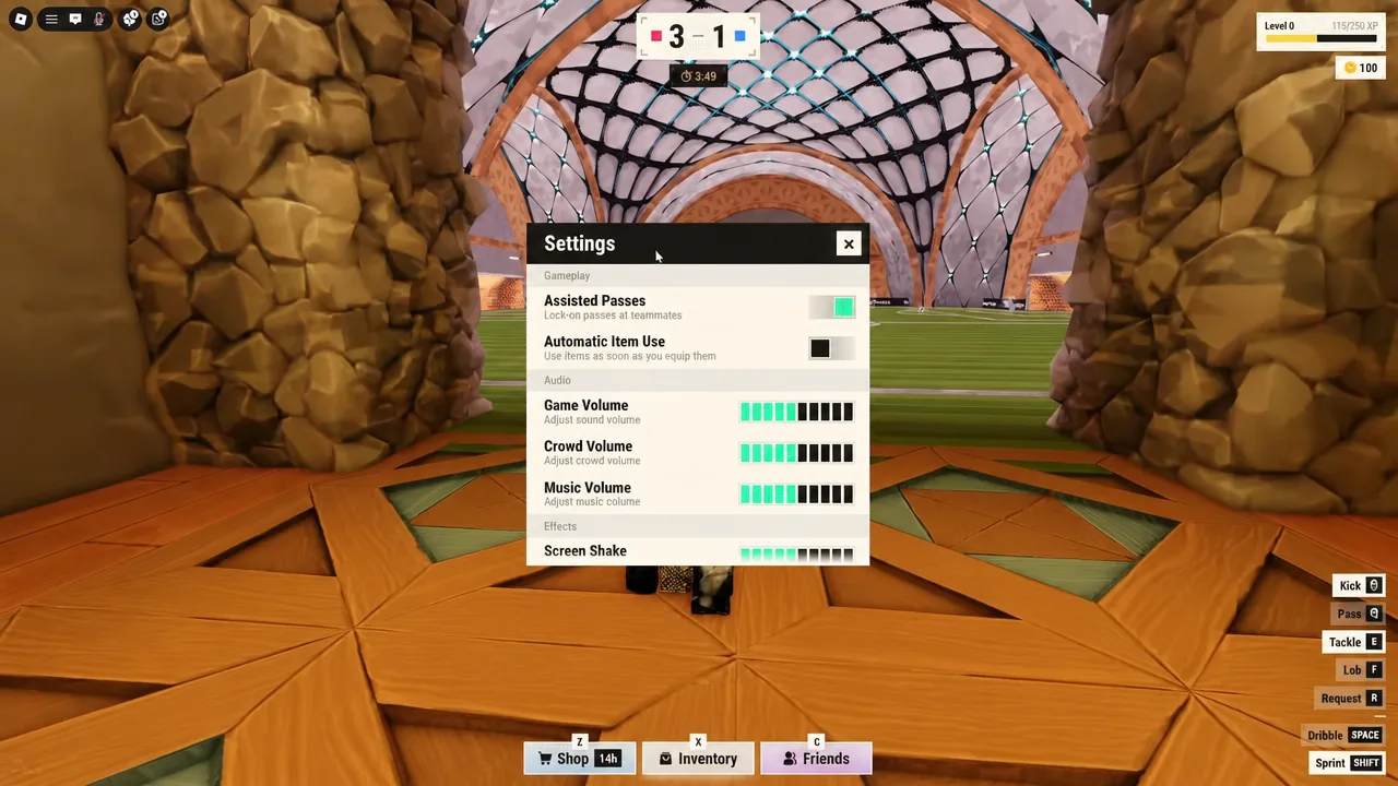 Illegal Soccer settings menu open with the game volume slider on screen