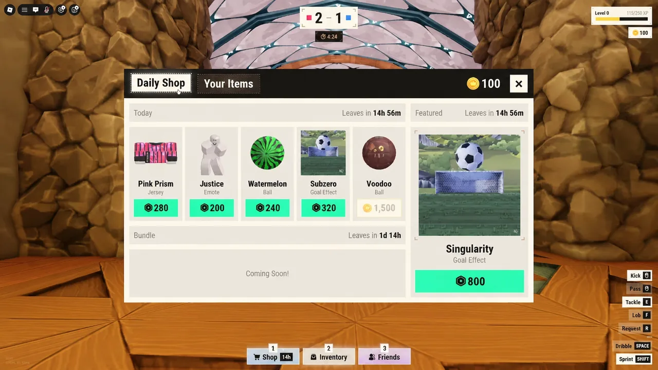 Daily Shop tab in Illegal Soccer listing purchasable items and roll prices