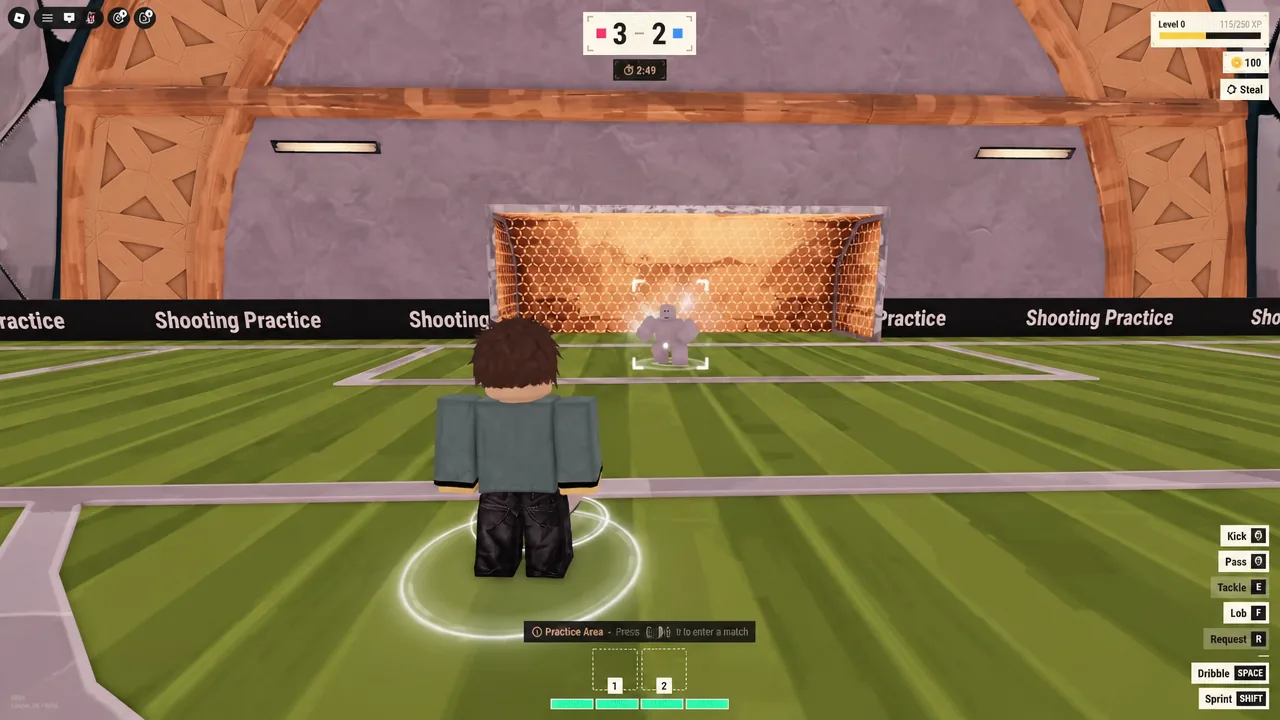 Shooting practice field in Illegal Soccer with the practice area prompt highlighted
