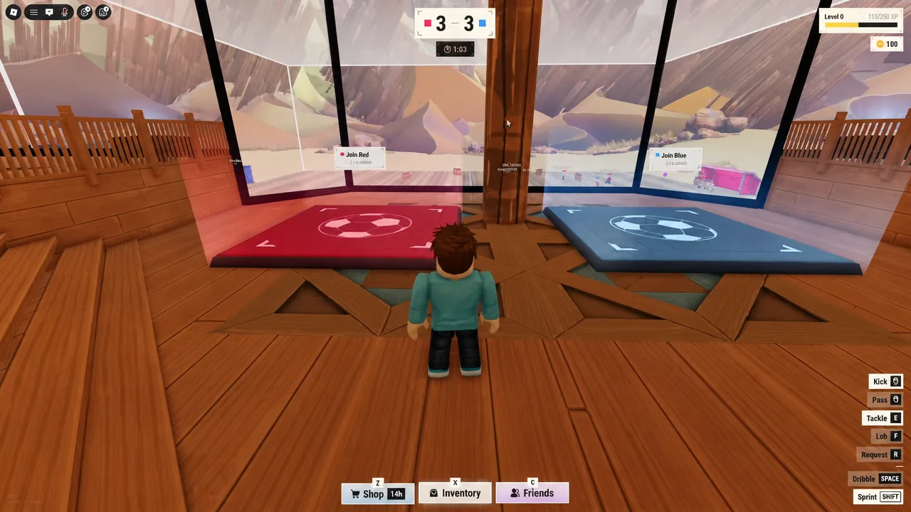 Illegal Soccer lobby showing the Join Red and Join Blue team pads
