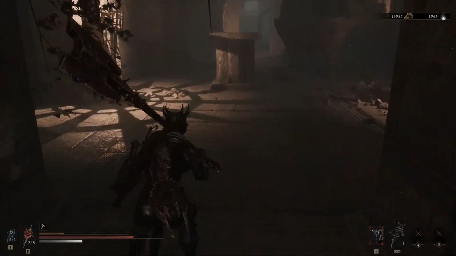 Armored character with a massive polearm advancing through a dim stone hall.