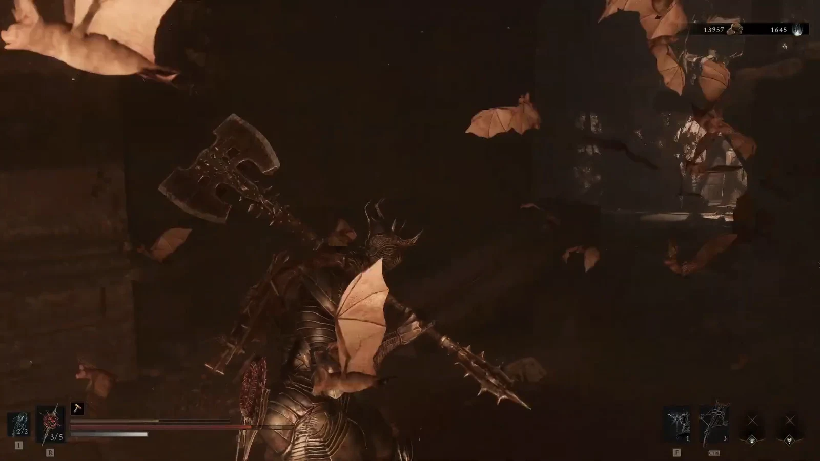 Player swings a large axe at a winged armored creature in close-quarters combat.