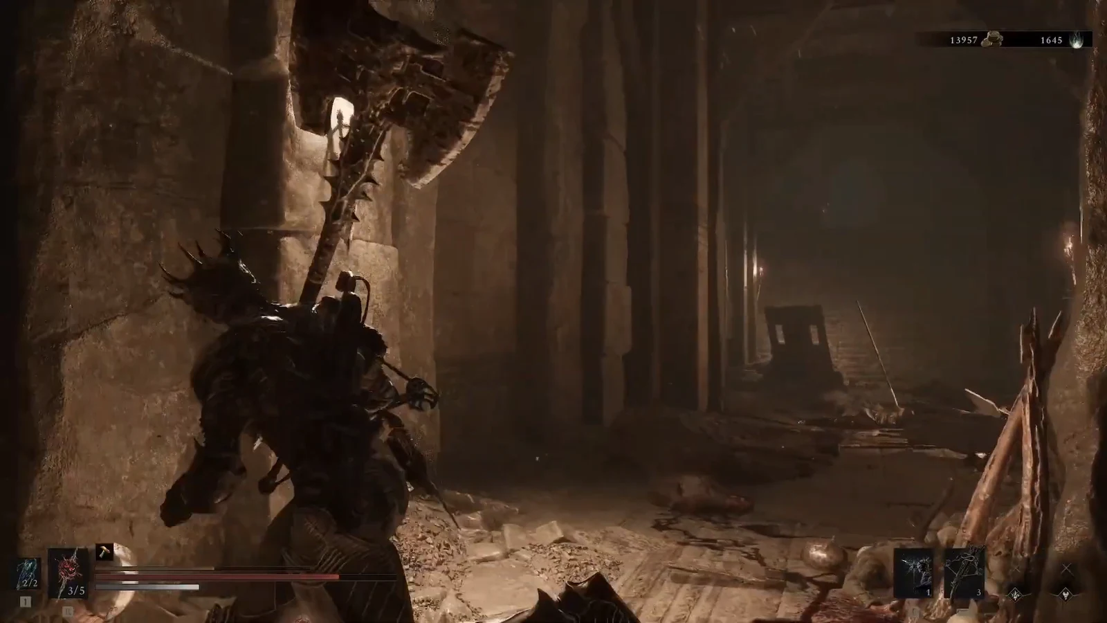 Armored character with a spiked axe walking a dim stone dungeon corridor.