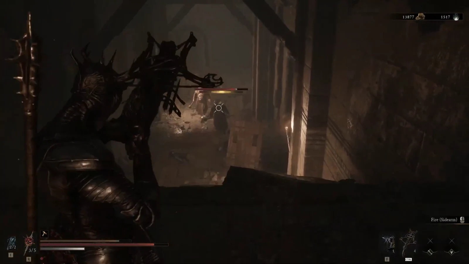Player aims a sidearm down a stone corridor at an enemy with the crosshair centered.