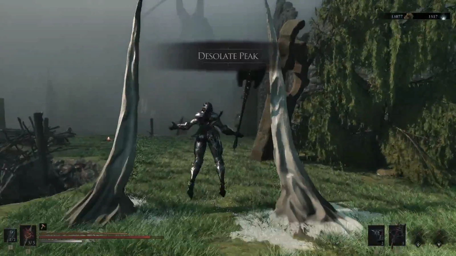 Armored character arriving on grass under a Desolate Peak title