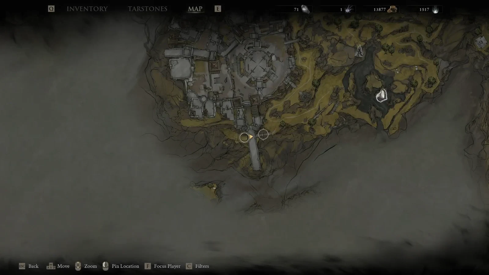 Map zoomed in on the southern bridge at the Citadel of Penance