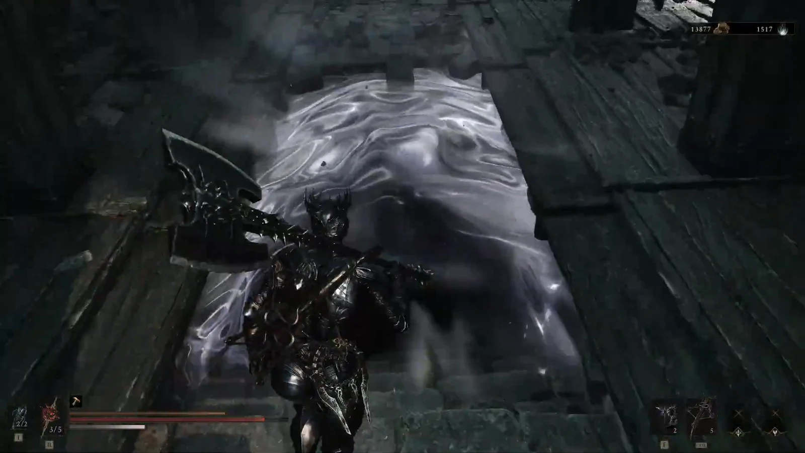 Armored character raising an axe at a pale swirling creature in a dark arena