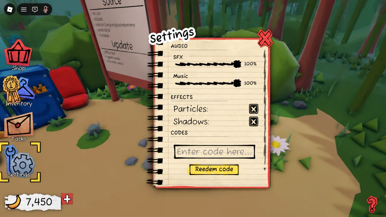 Settings menu open with the code entry field and redeem button visible
